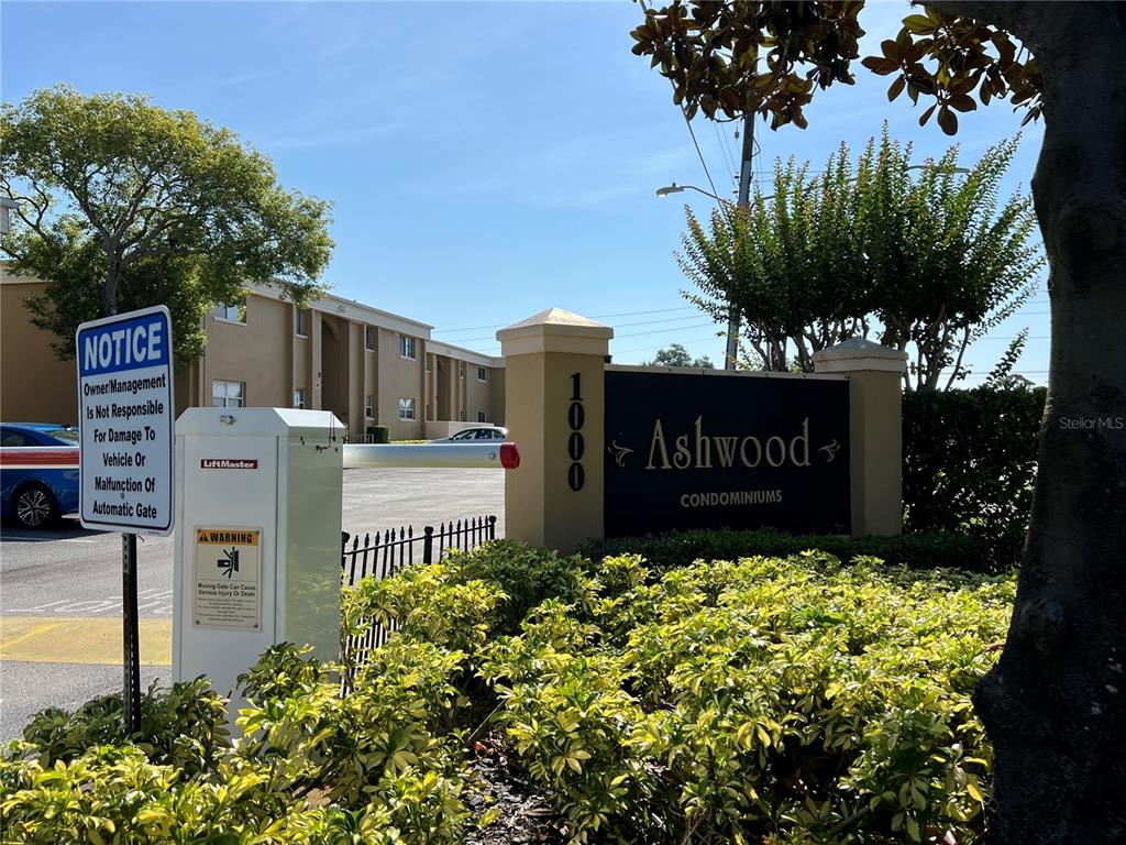 a view of a sign in front of a building