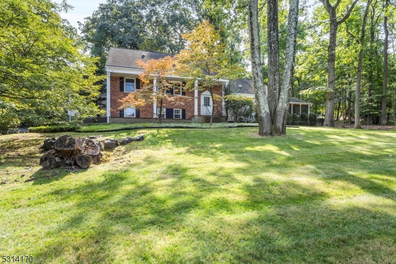 a view of a house with a big yard and large trees