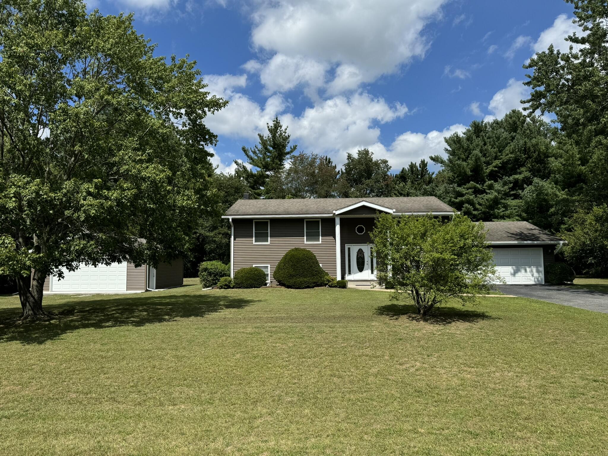 a view of a house with backyard and trees