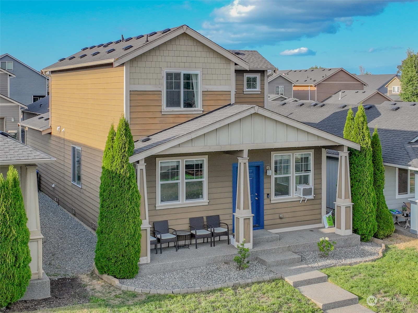 a front view of a house with patio