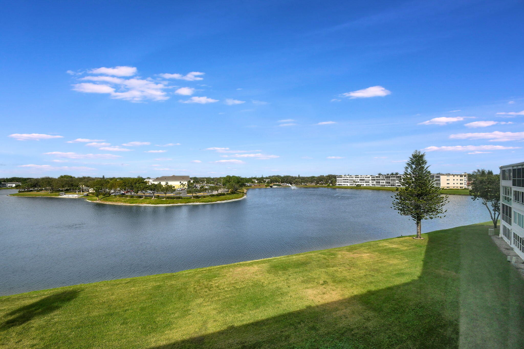 a view of a lake with a city