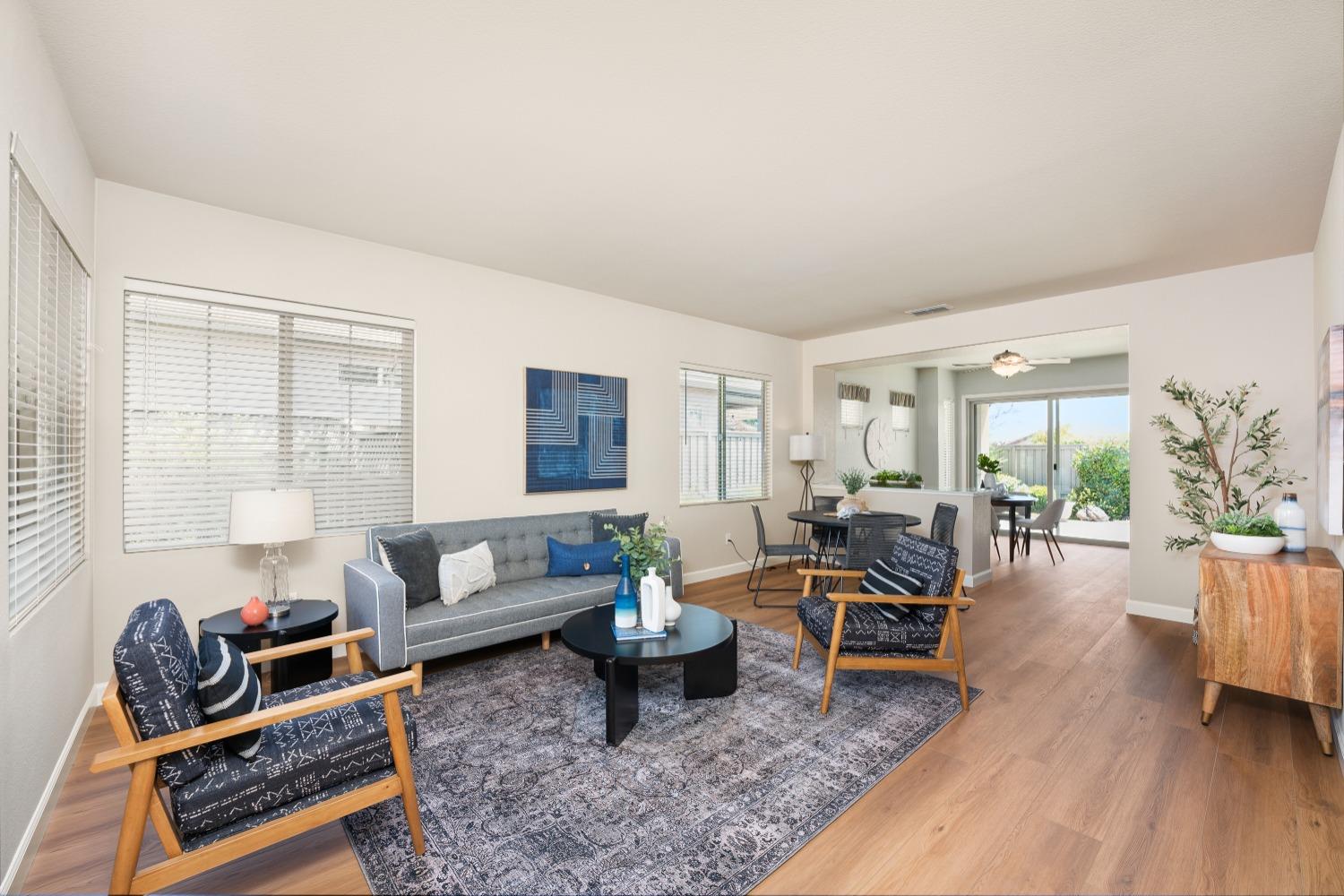 a living room with furniture a rug and a window