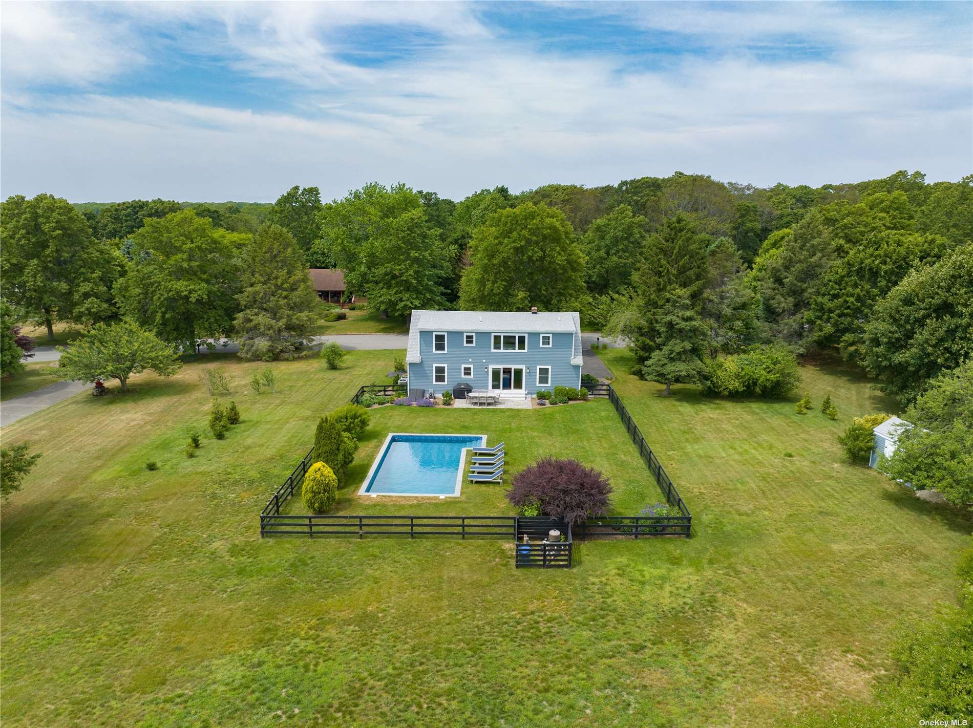 a view of a swimming pool with a garden