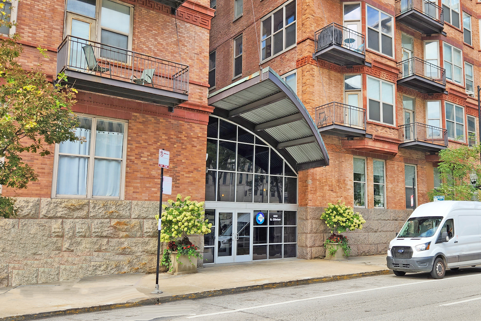 front view of a building with a street