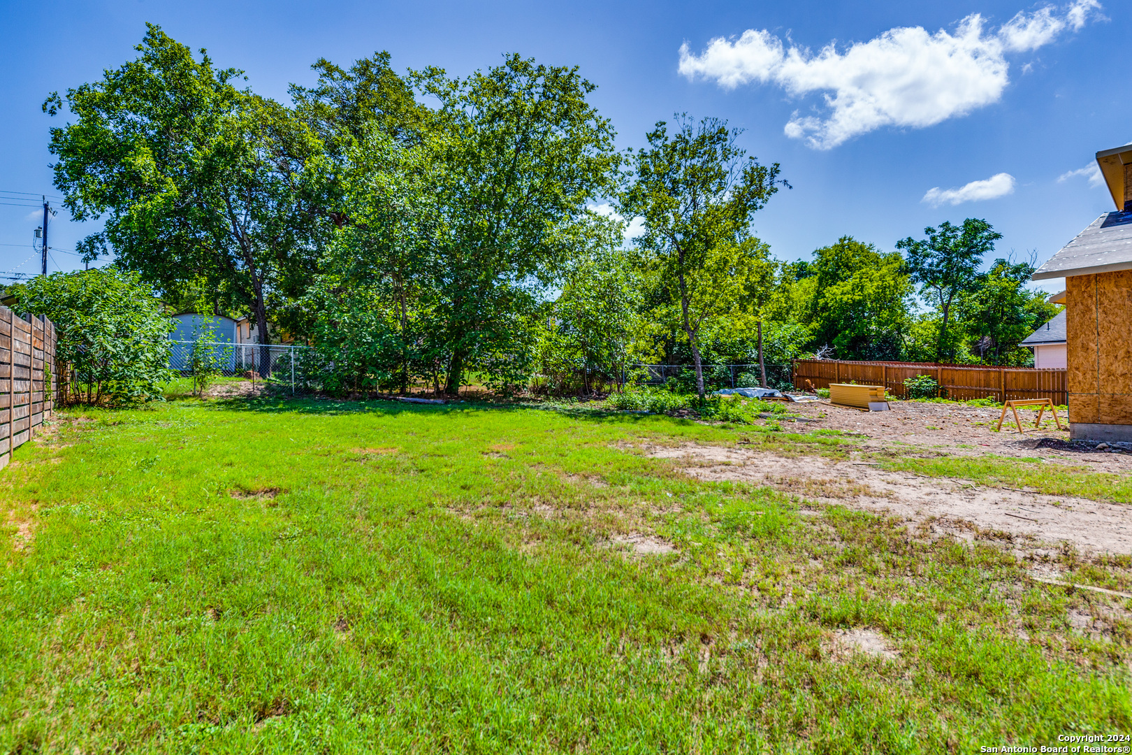 a view of yard with grass & palm trees