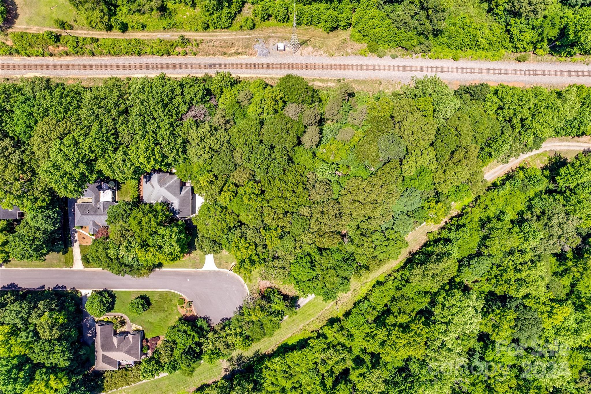 an aerial view of a yard with plants and large trees