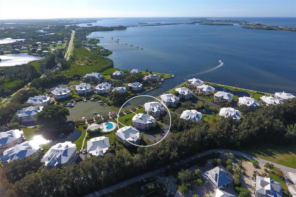 Aerial view overlooking marina