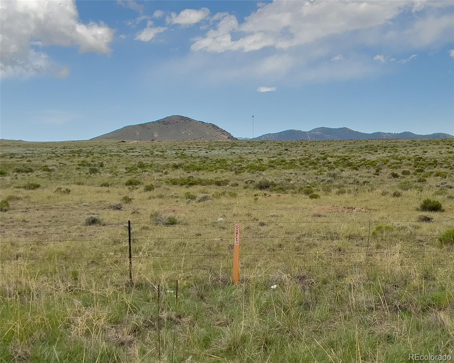 a view of a dry yard with mountains in the background