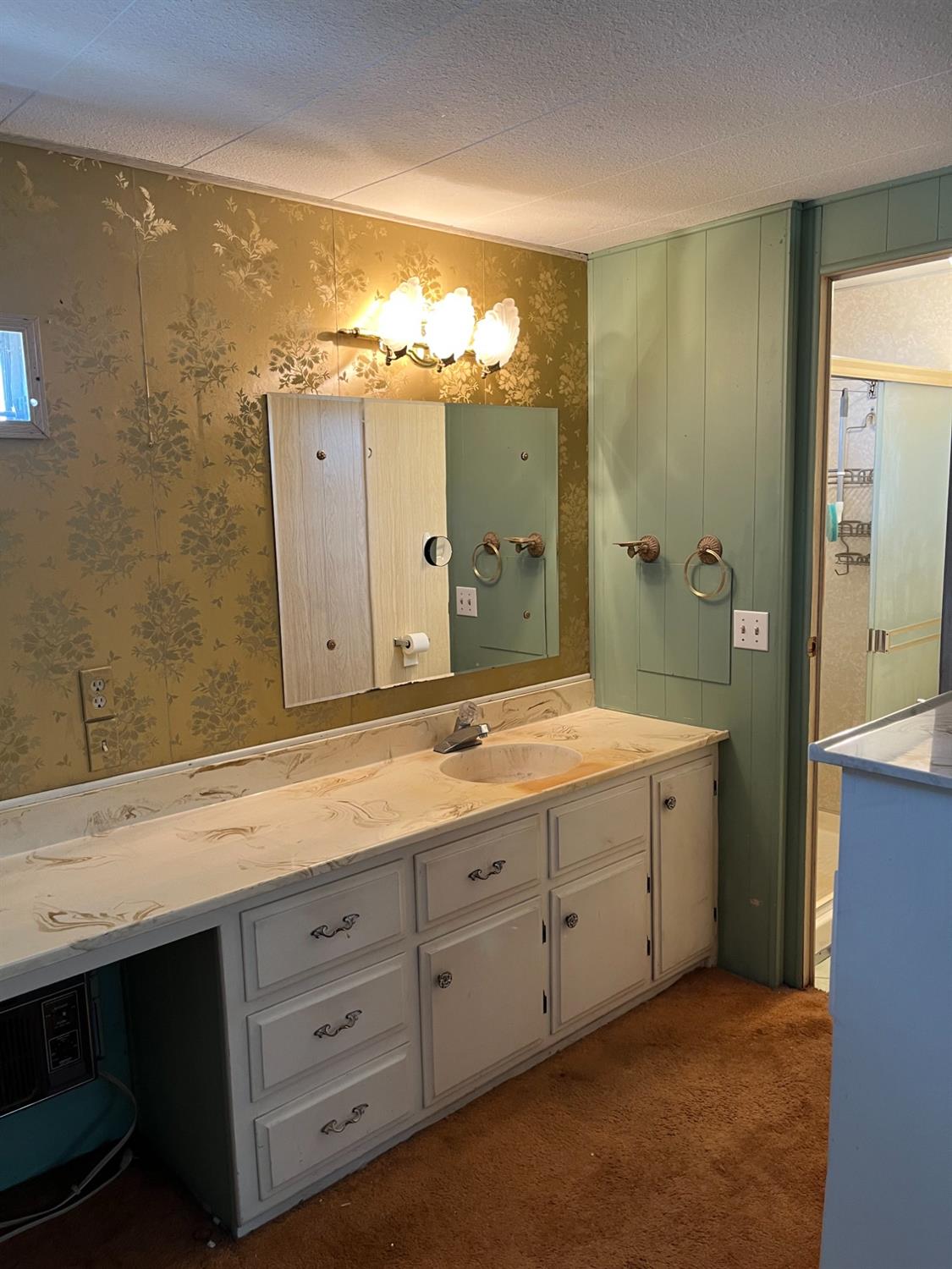 a spacious bathroom with a granite countertop sink mirror and double