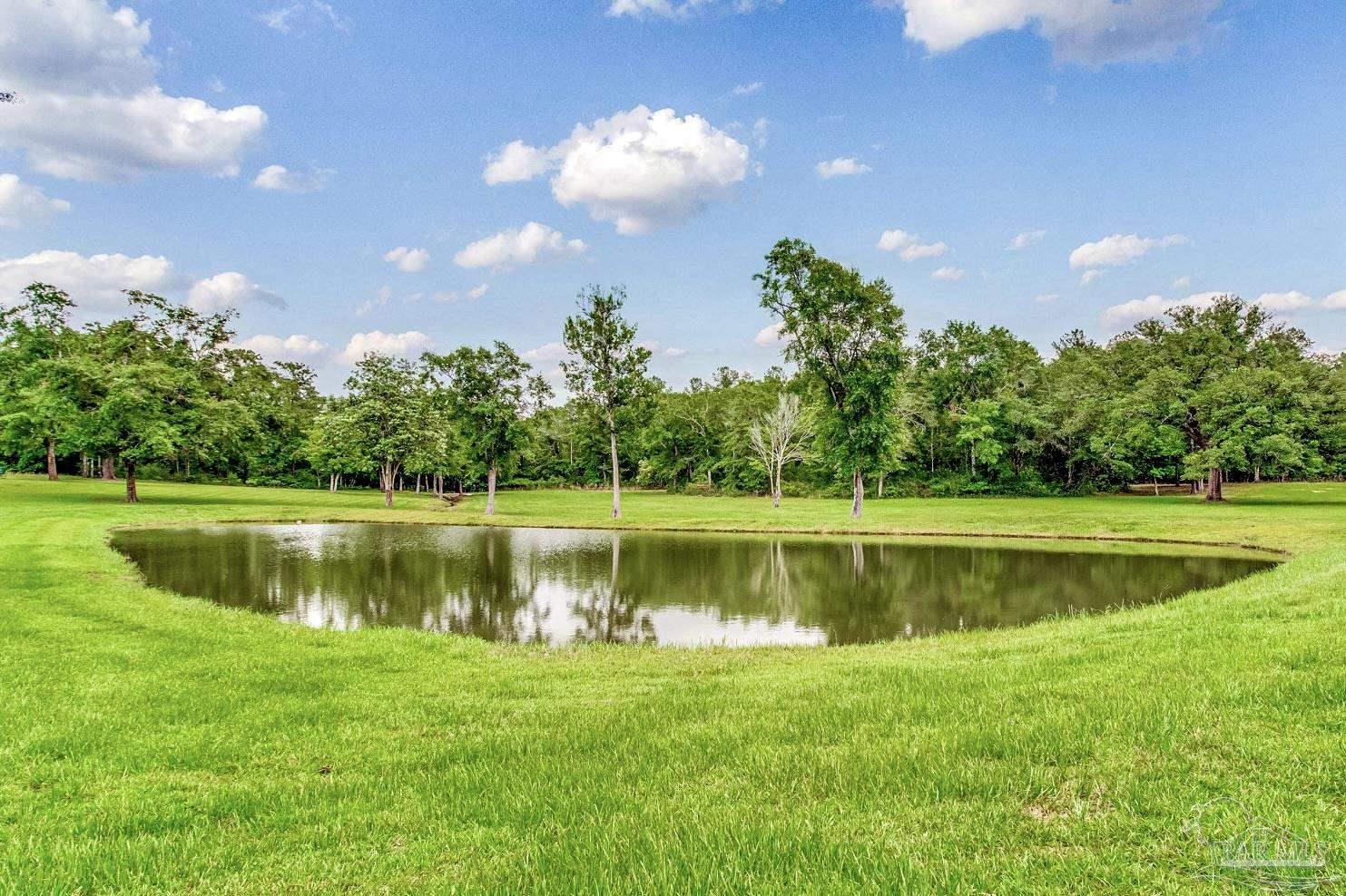 a view of a golf course with a lake view