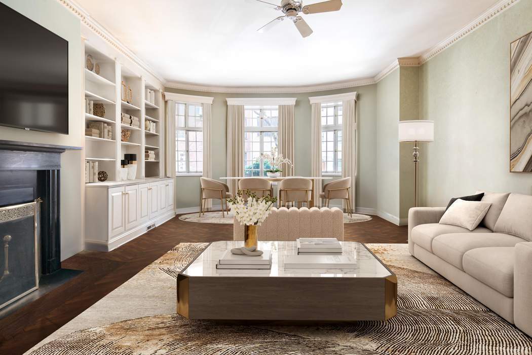 a living room with furniture fireplace and flat screen tv