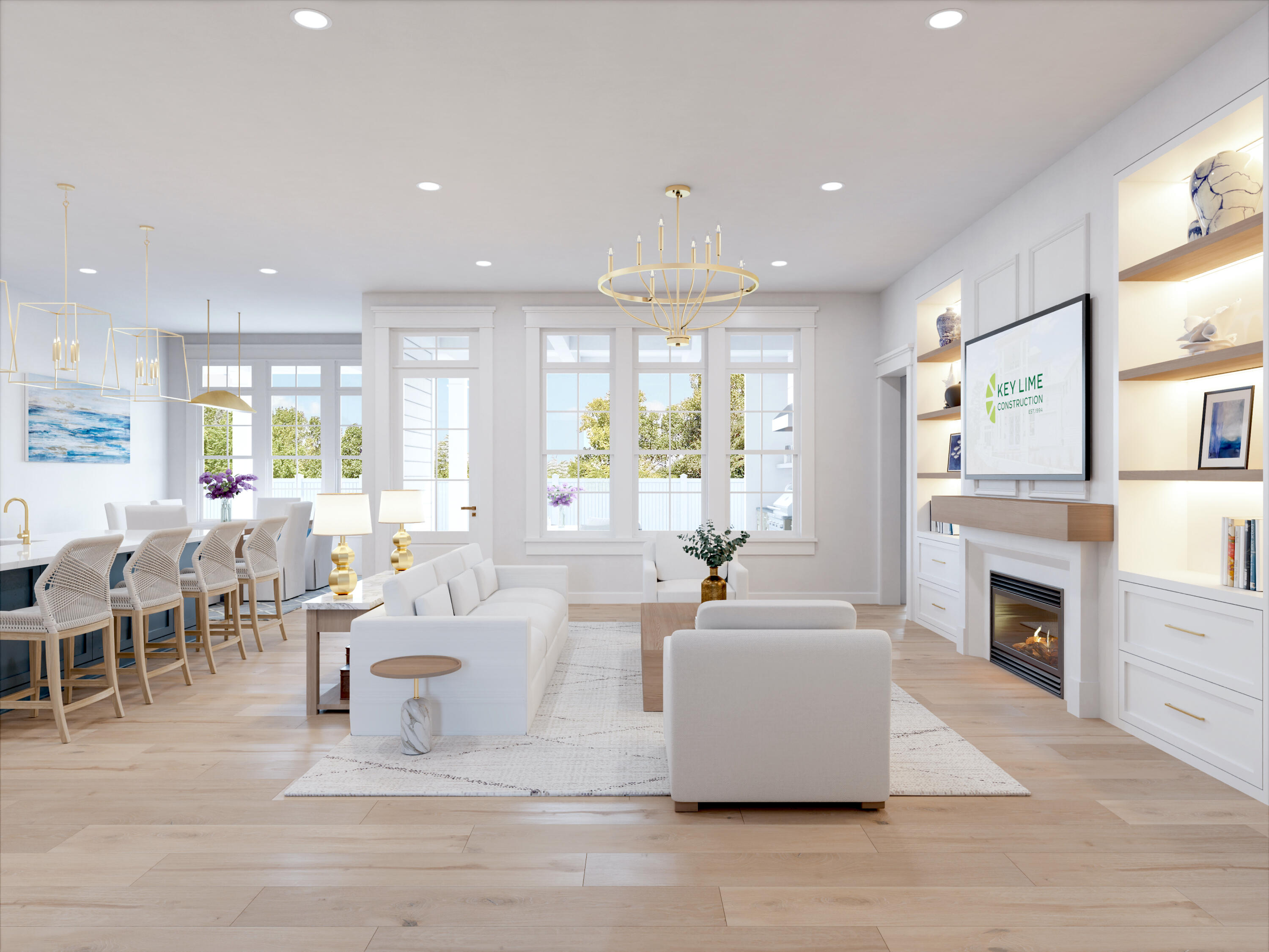 a living room with furniture wooden floor and a fireplace