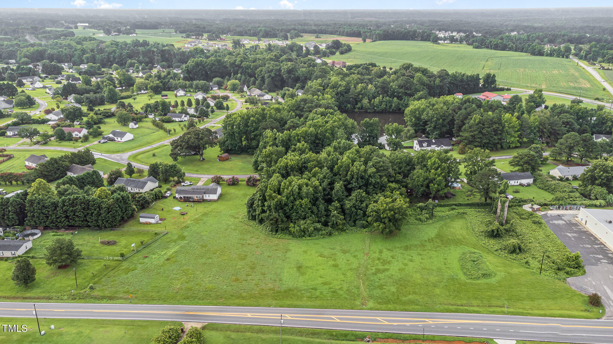 an aerial view of residential houses with outdoor space and trees