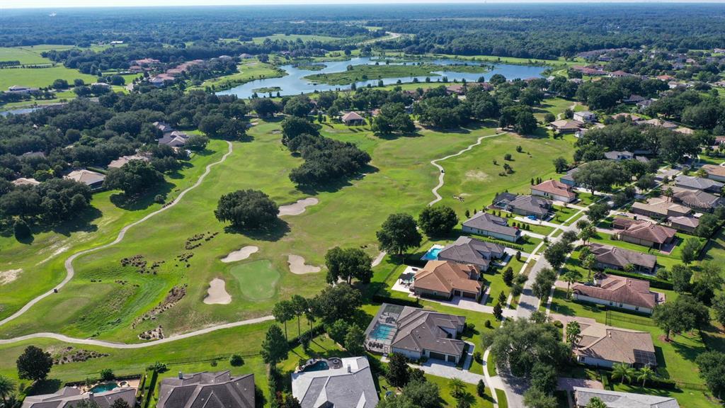 an aerial view of residential houses with outdoor space and trees