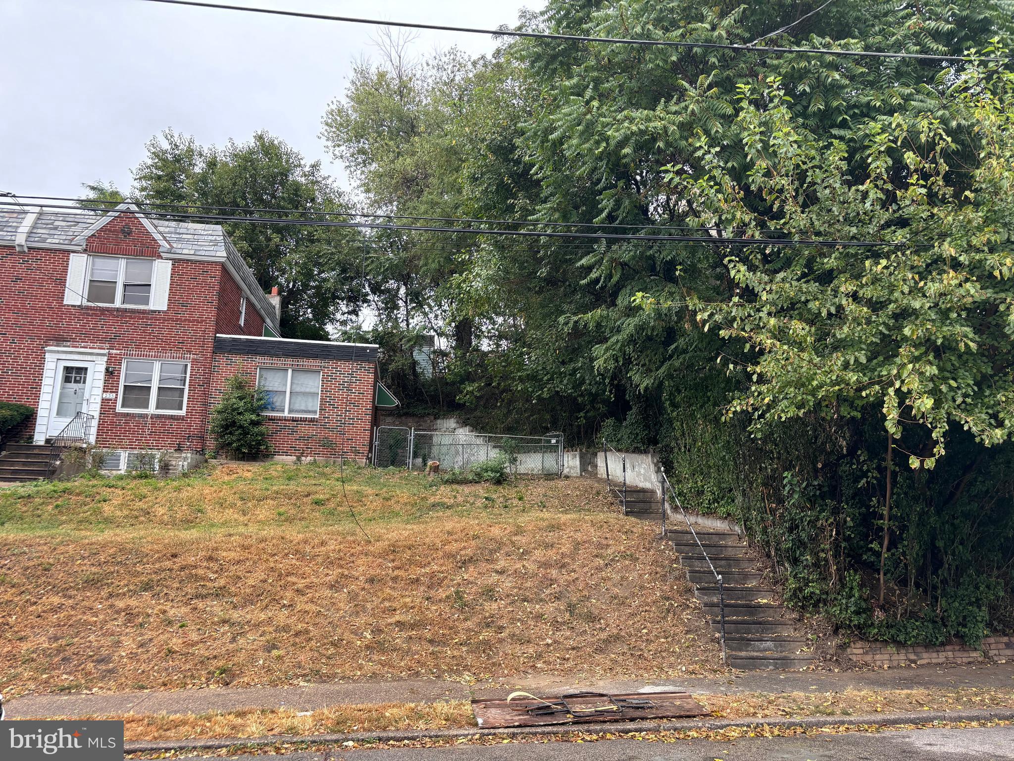 a view of a yard with a house in the background