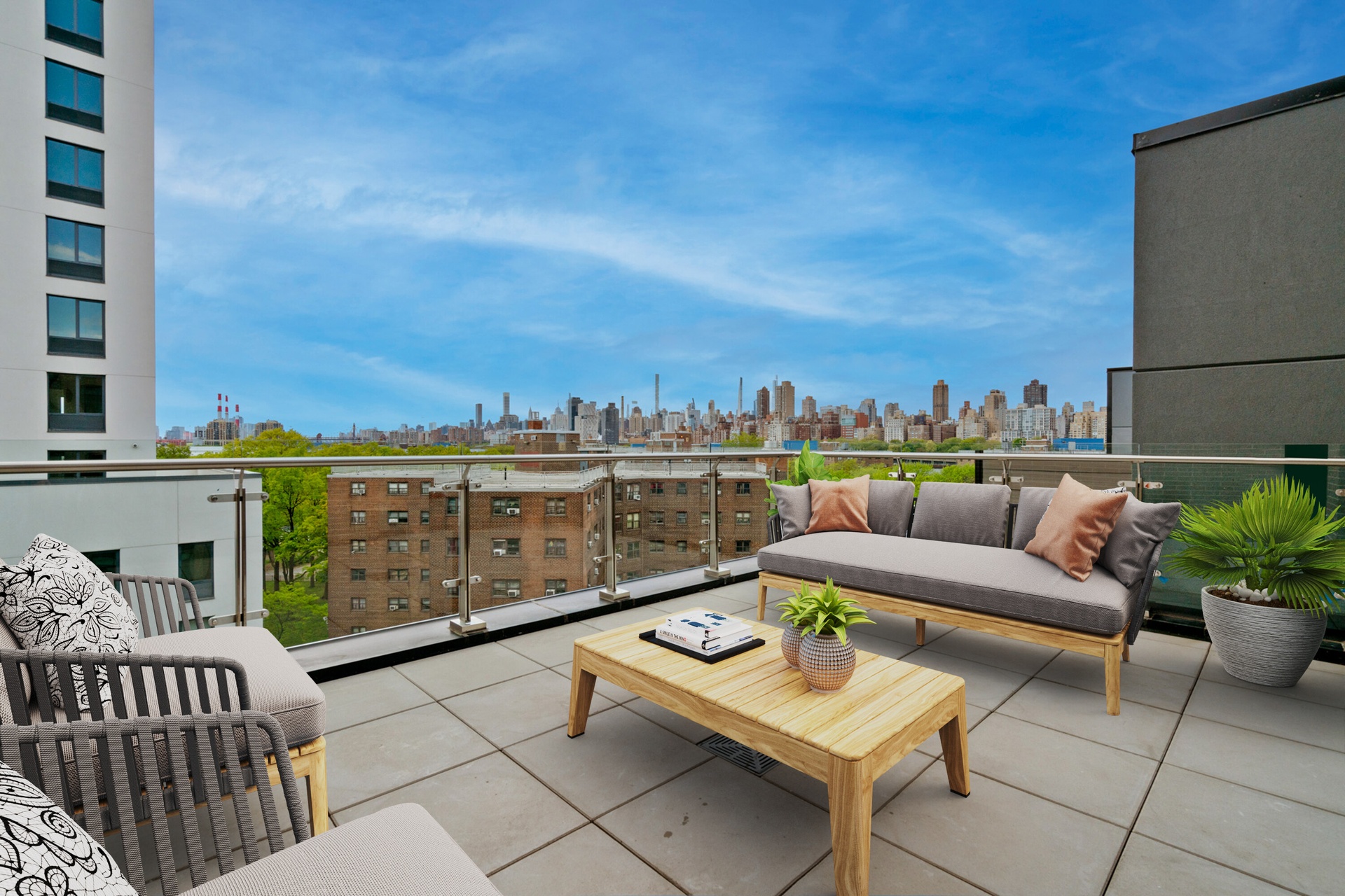 a view of a balcony with furniture