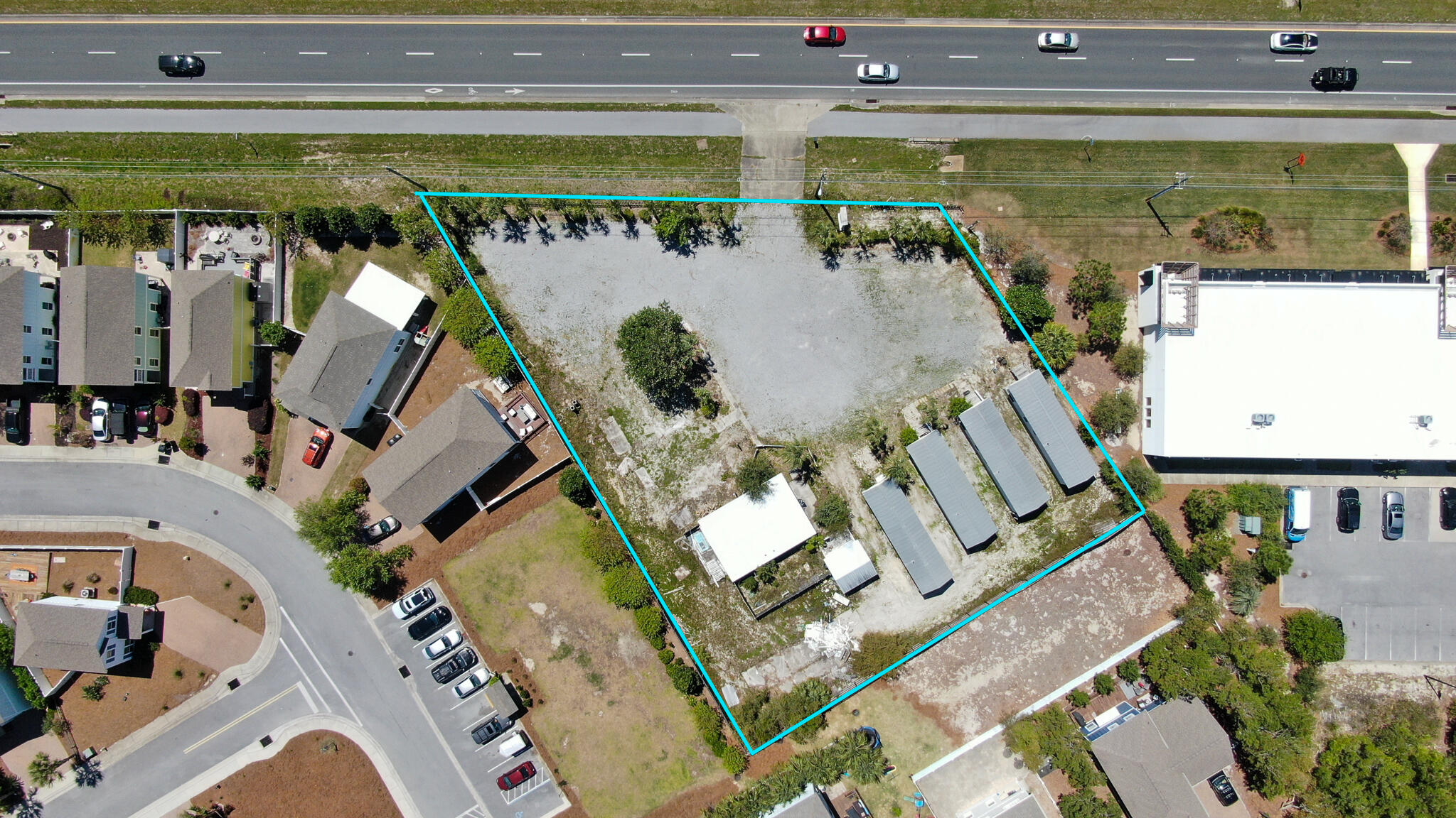 an aerial view of a house with a swimming pool