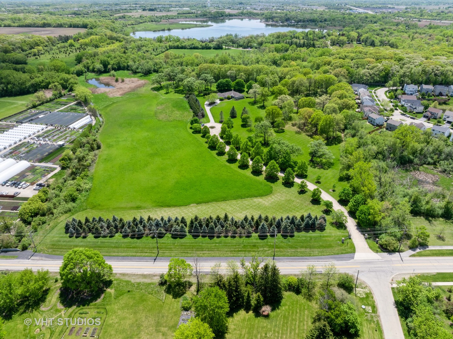 a view of a garden with a lake