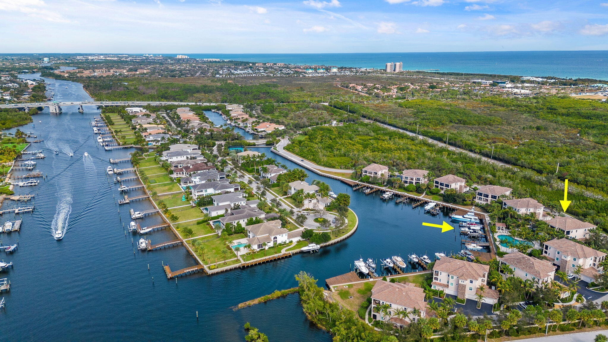 an aerial view of water body with boats and trees around