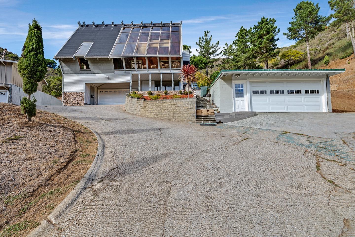 front view of a house with a patio