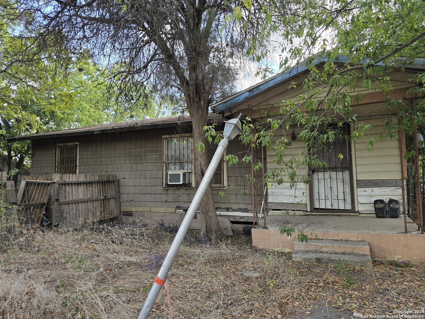 a backyard of a house with a tree