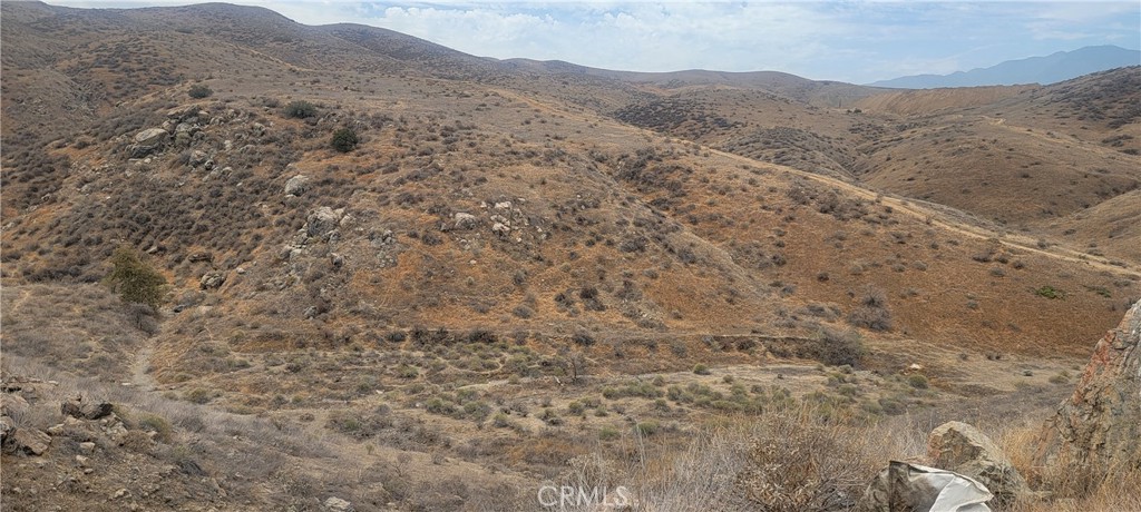 a view of a dry yard with mountains in the background