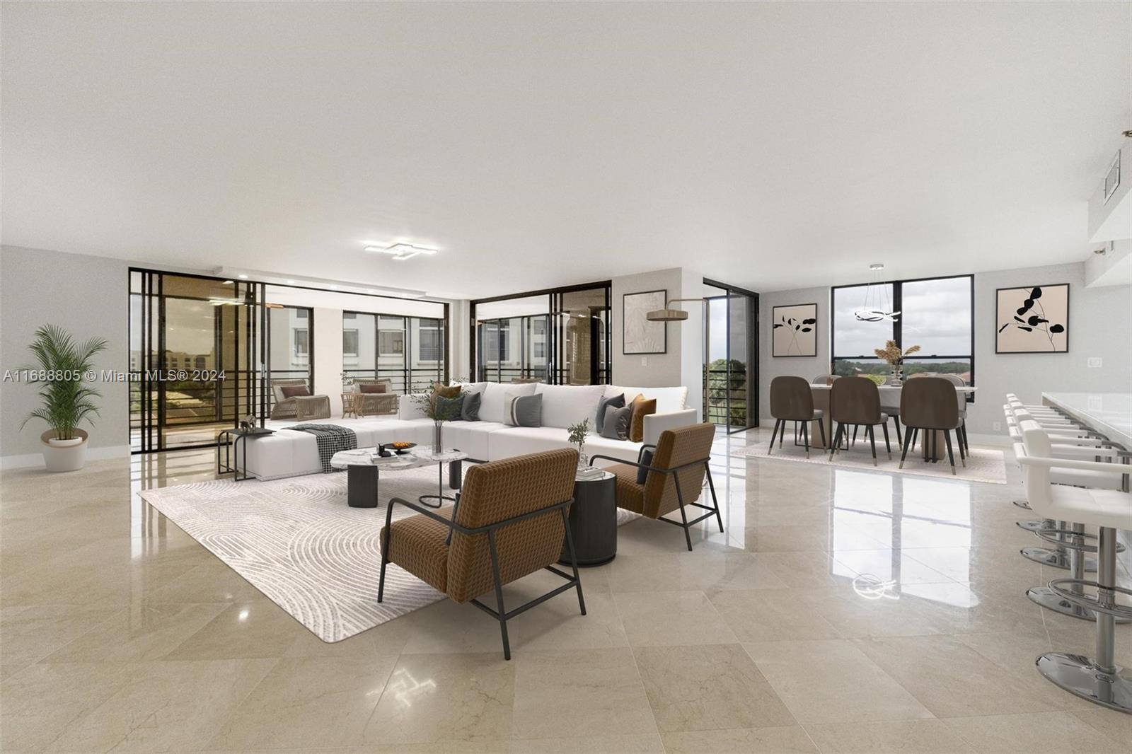 a living room with furniture large window and glass door