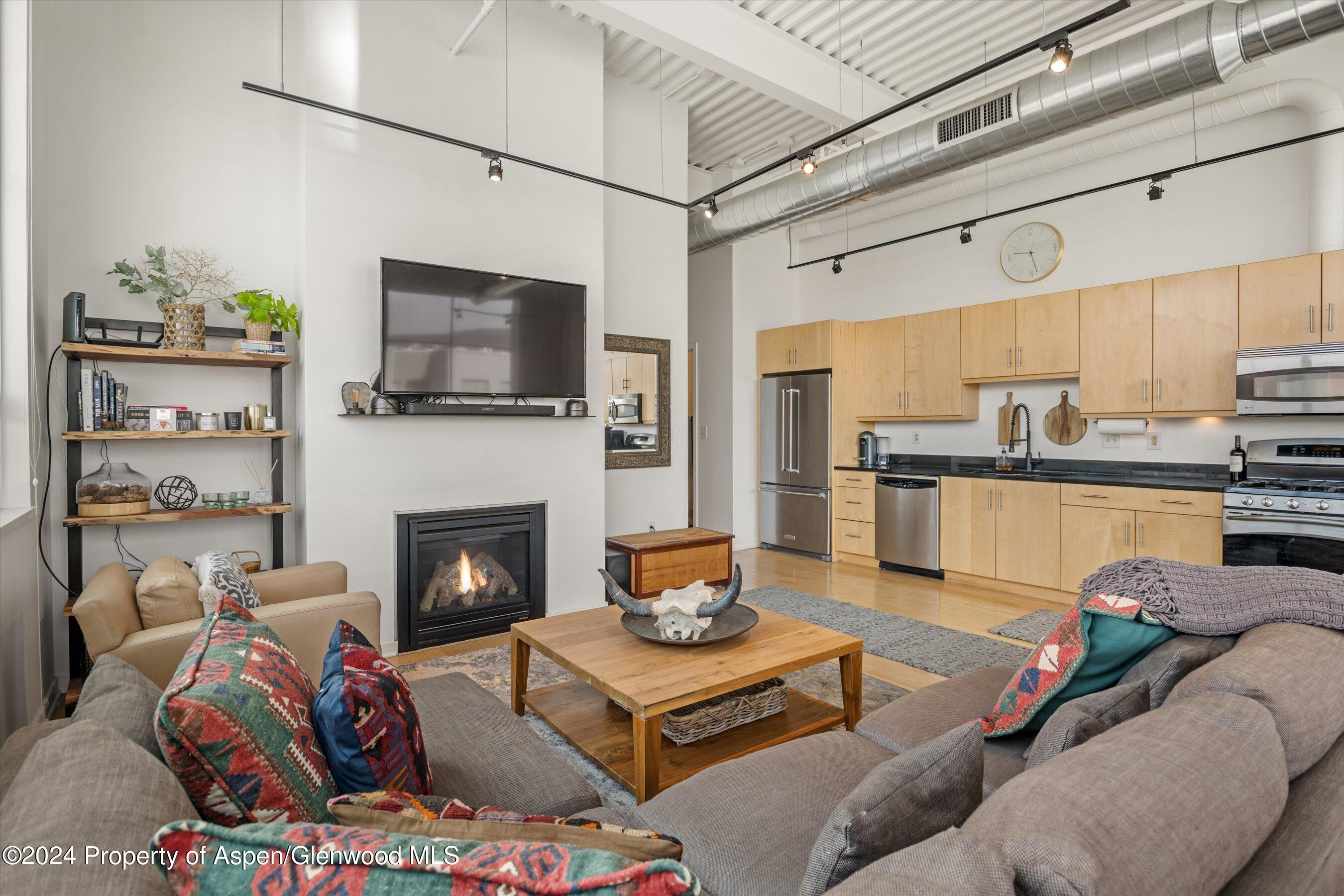 a living room with furniture and a fireplace