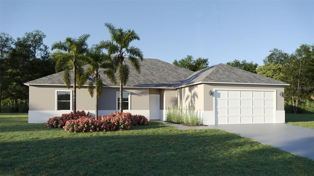 a front view of house with yard and green space