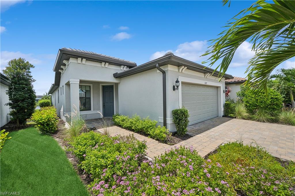 a front view of house with yard and trees around