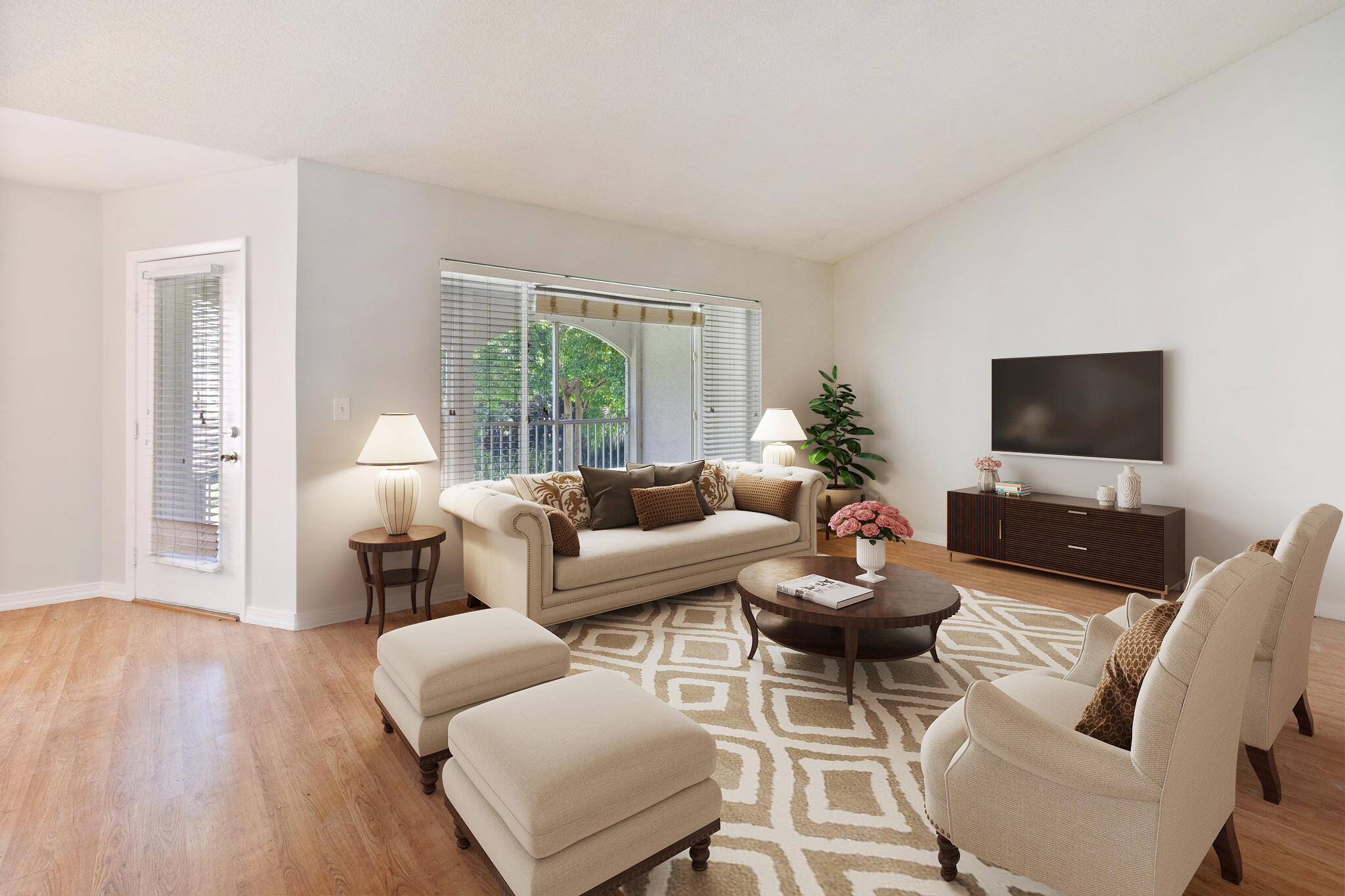 a living room with furniture a flat screen tv and a large window