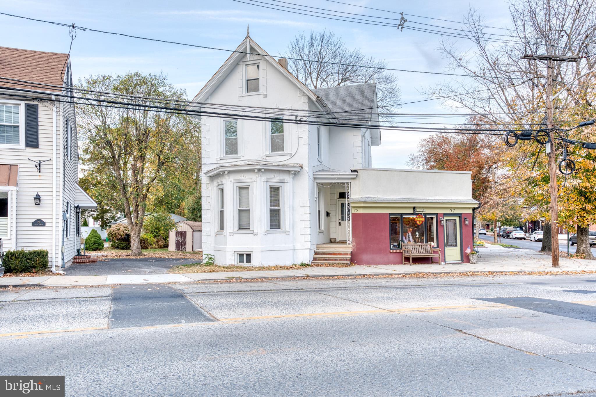 front view of a building with a street