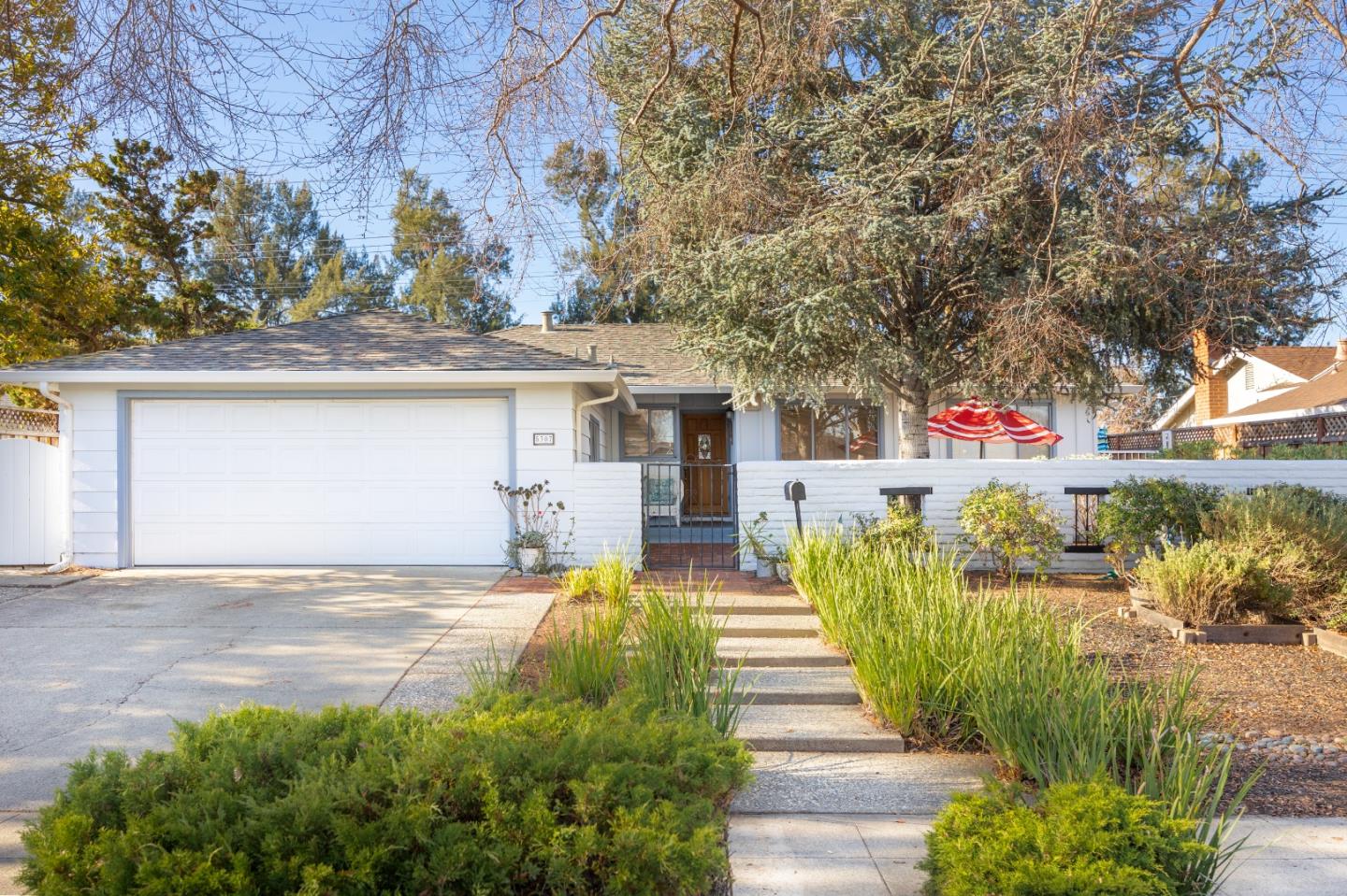 a view of a house with backyard and a tree