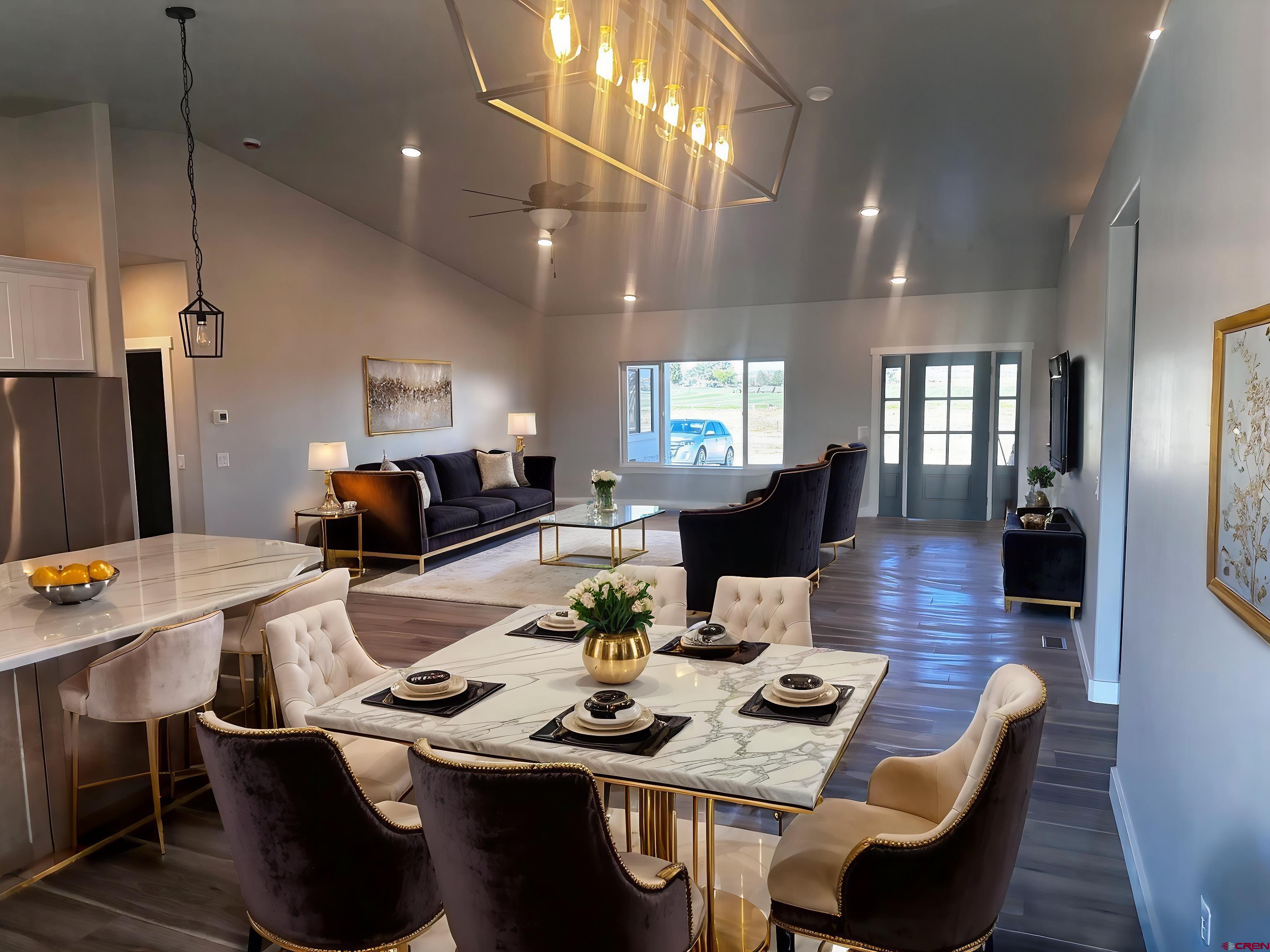 a view of a dining room with furniture