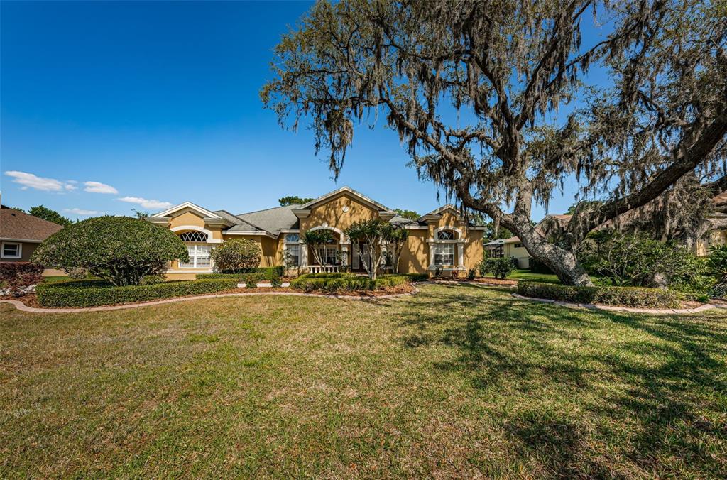 a view of a large house with a yard and large trees