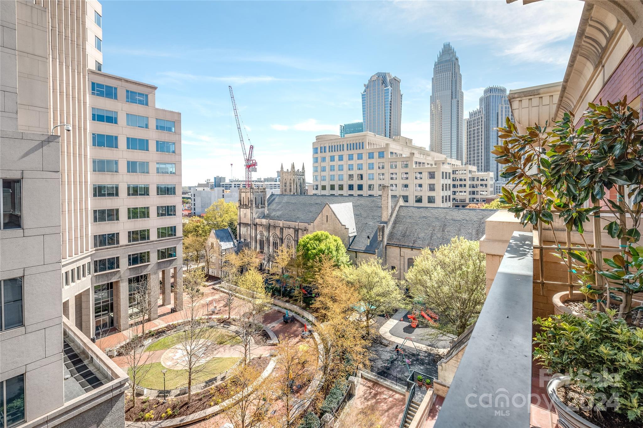 a city view with tall buildings