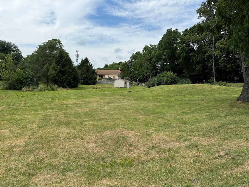 a yard with trees in the background