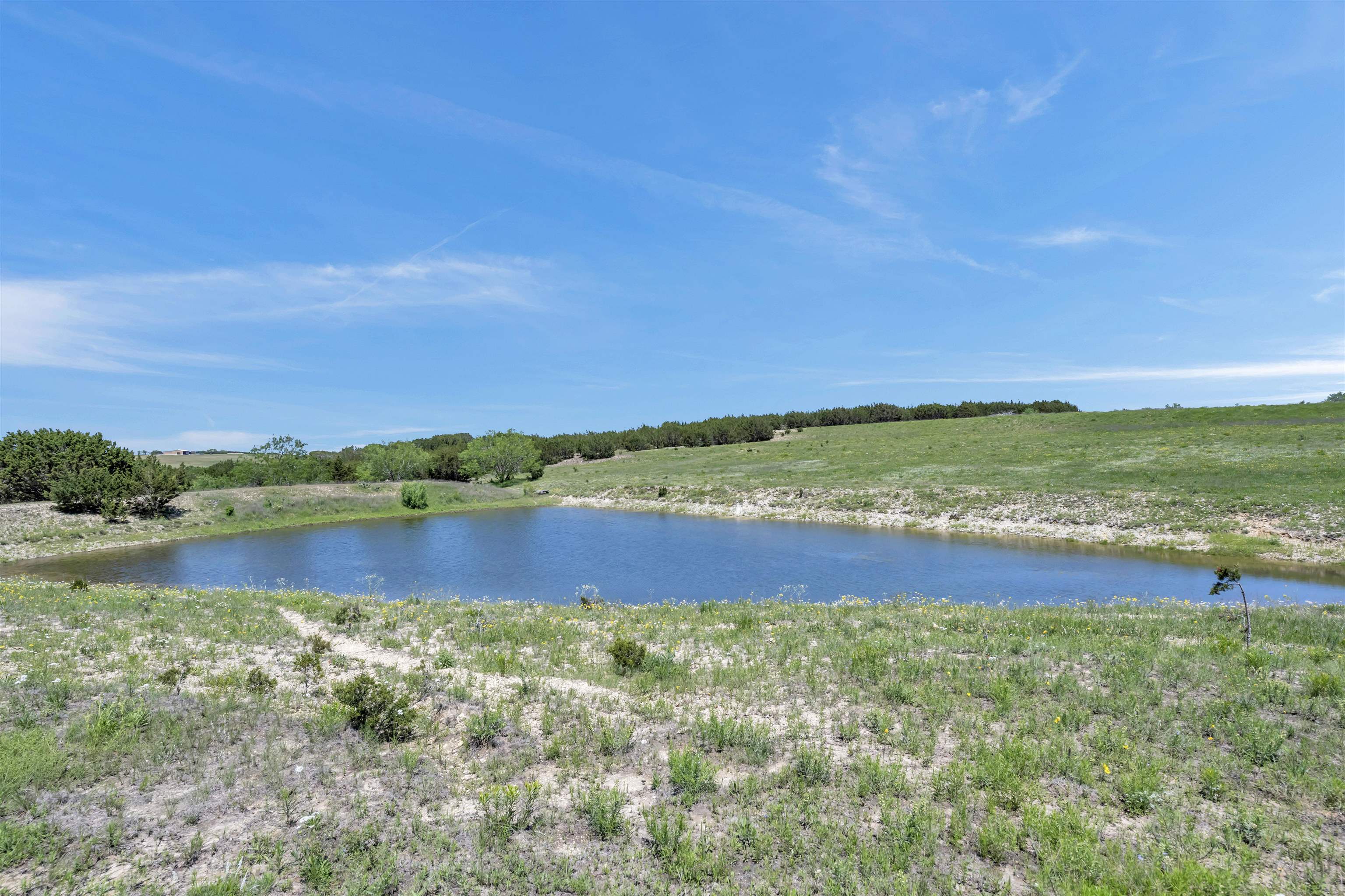 a view of lake and green space