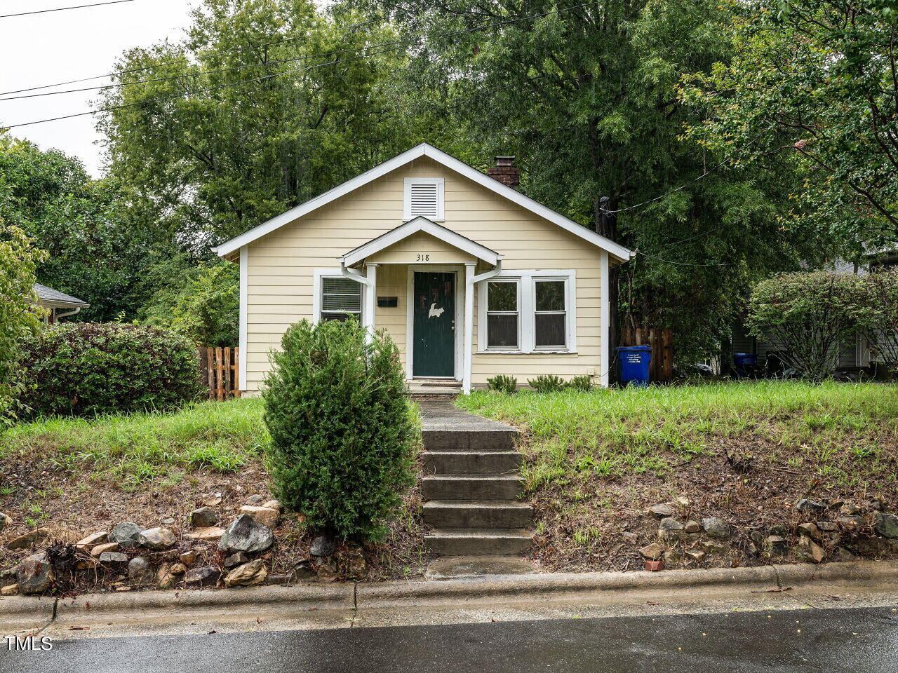 a view of a house with a yard plants and large tree