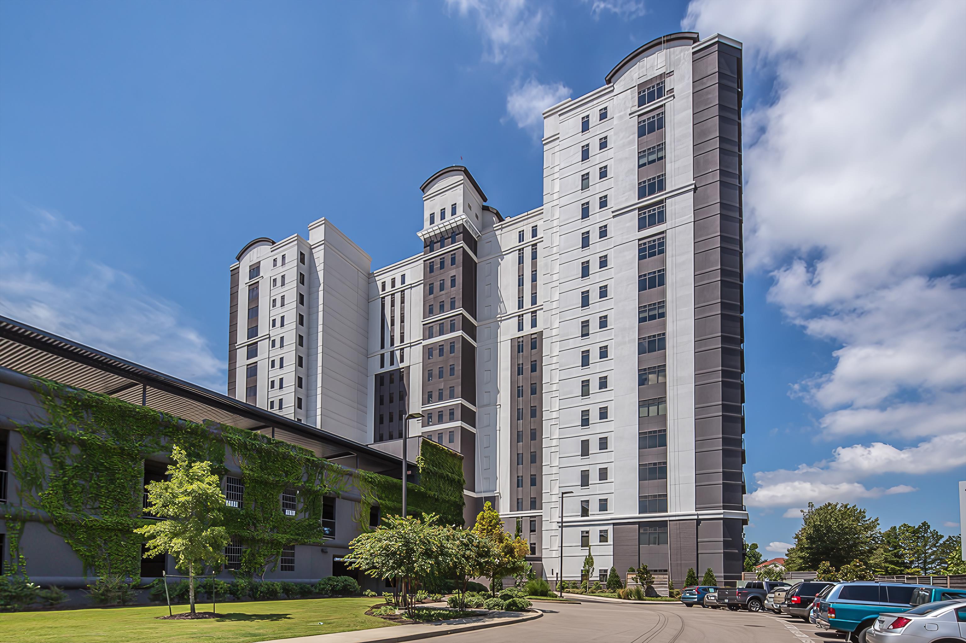 a front view of a building with street view