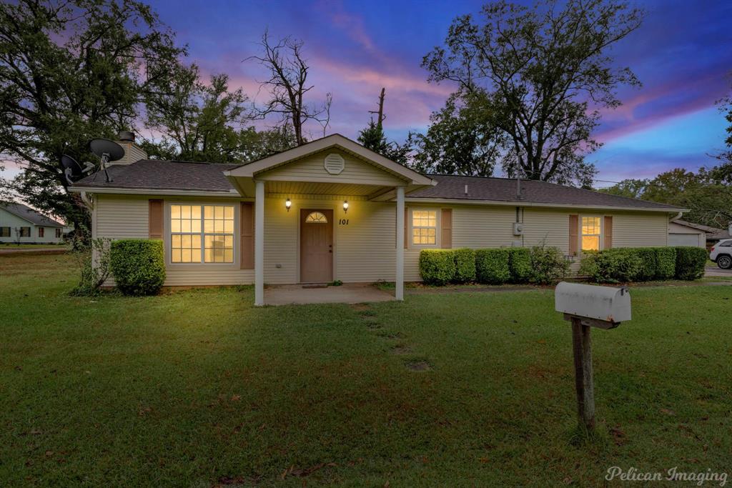 a front view of a house with a yard and trees