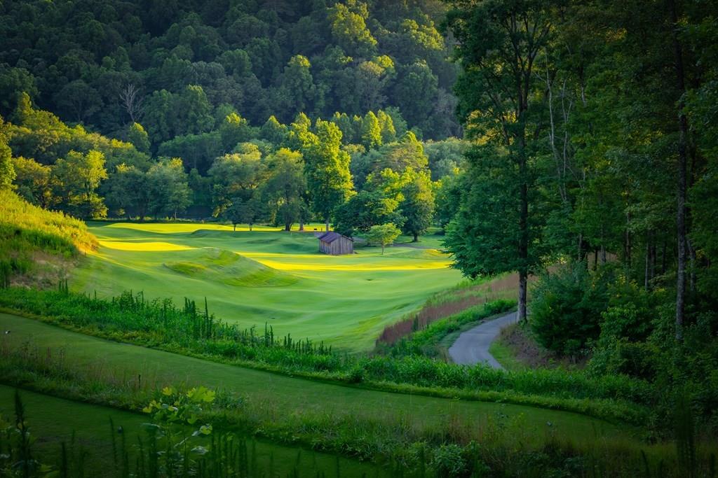 a view of a golf course with a swimming pool