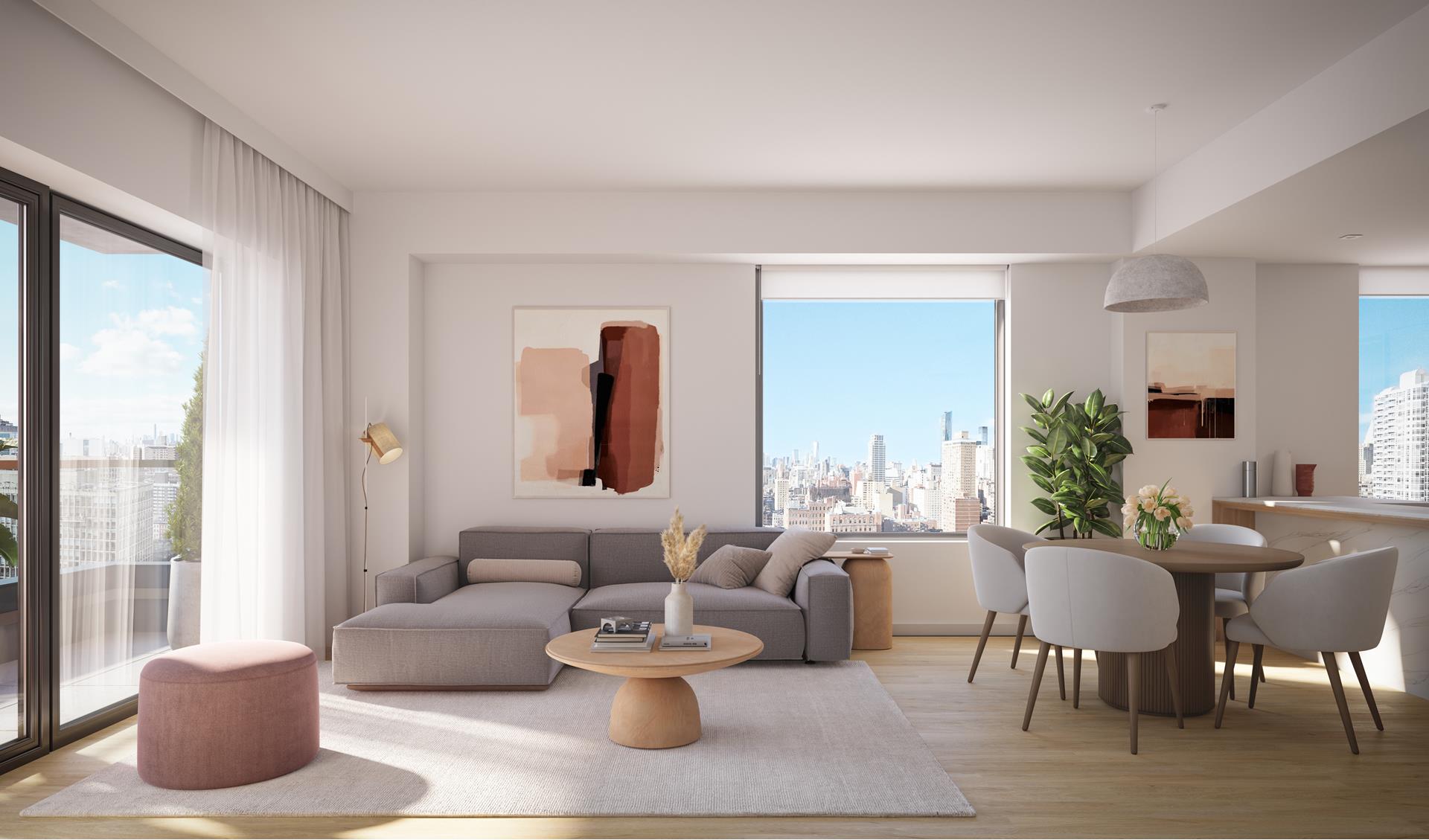 a living room with furniture and a potted plant