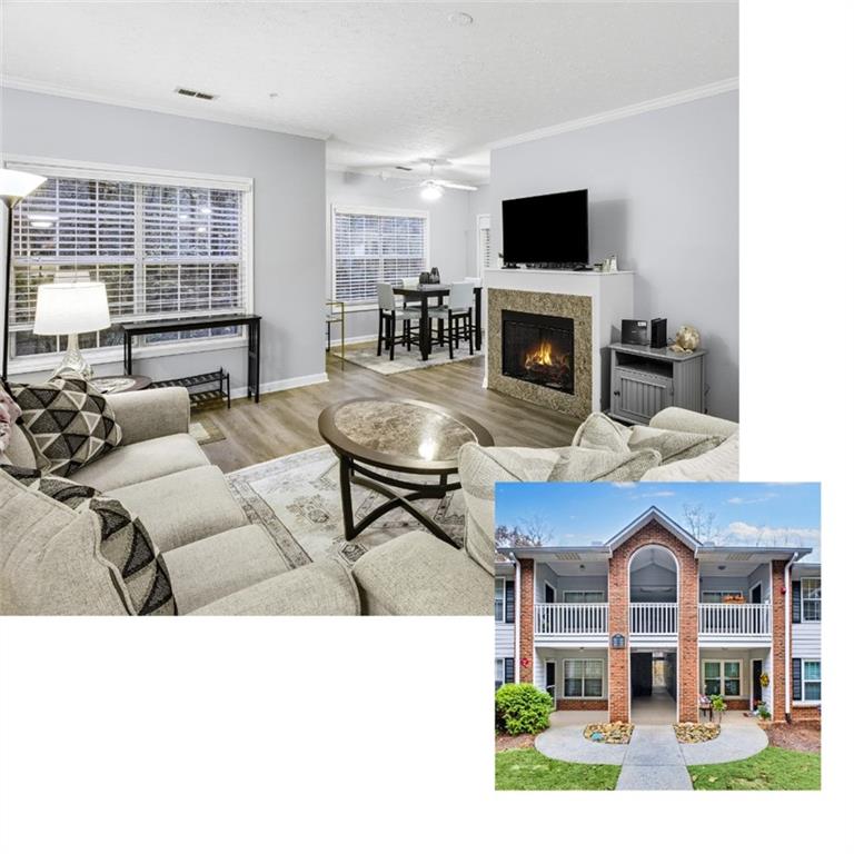 a living room with furniture fireplace and flat screen tv