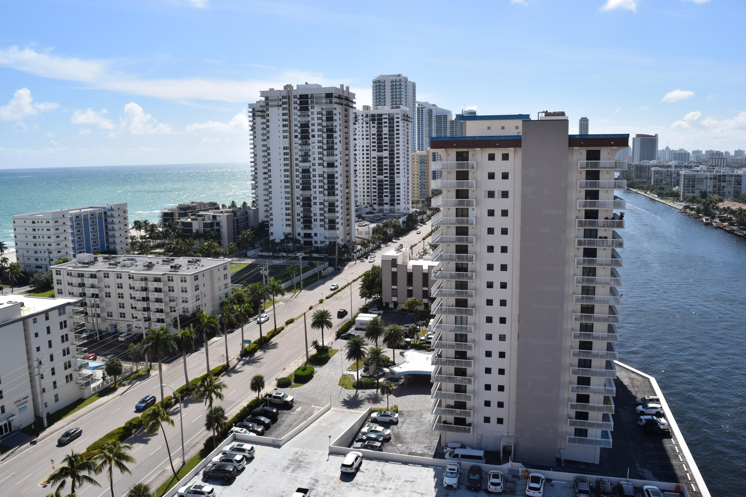 a city view with tall buildings