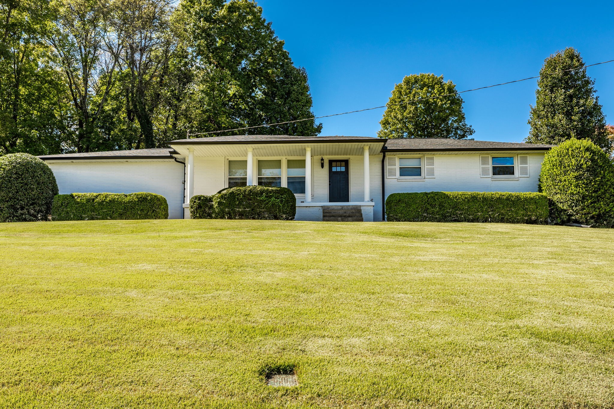 a front view of house with yard and trees