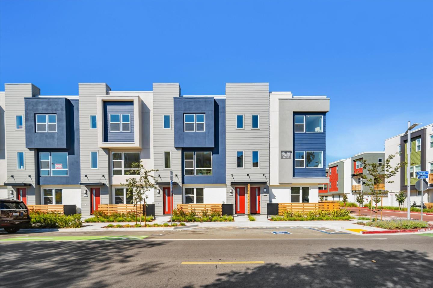 a front view of a building with street view