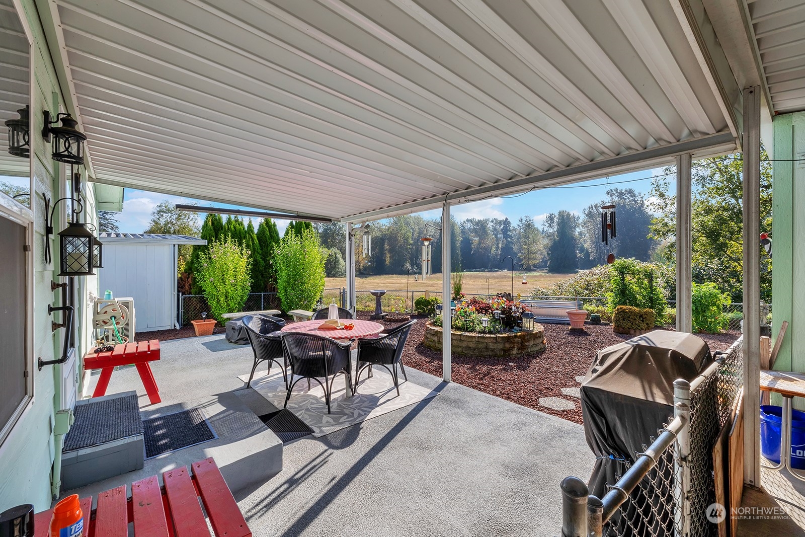 a building outdoor space with patio furniture