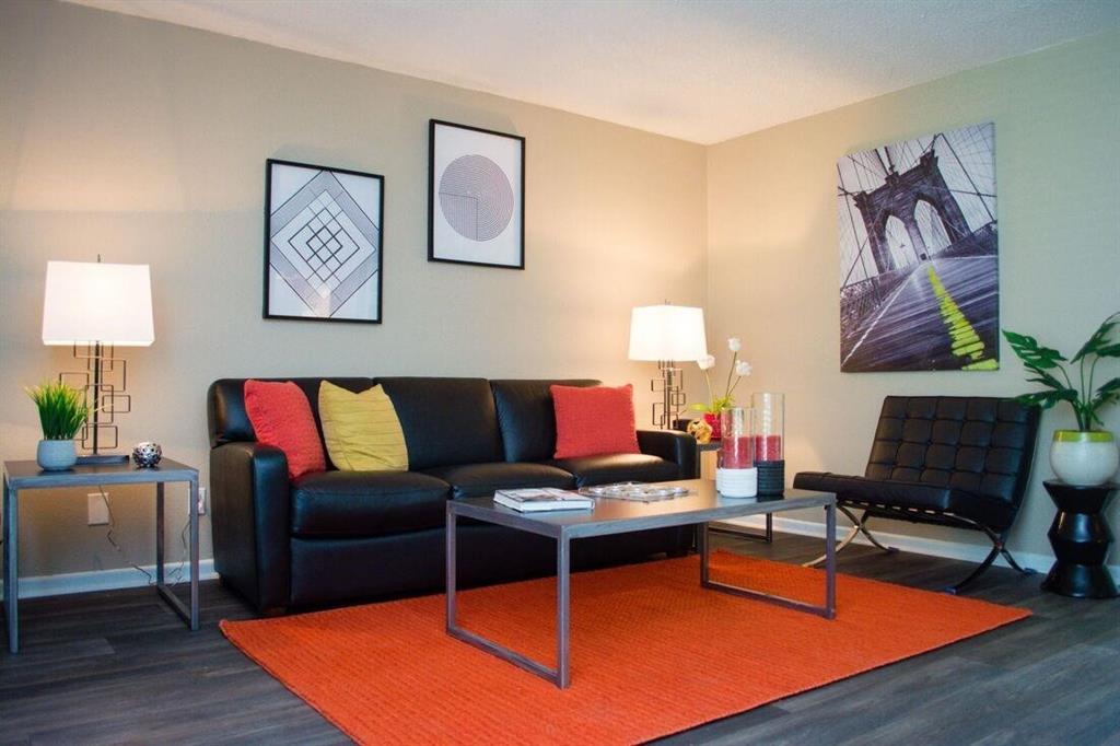 a living room with furniture a rug and a lamp