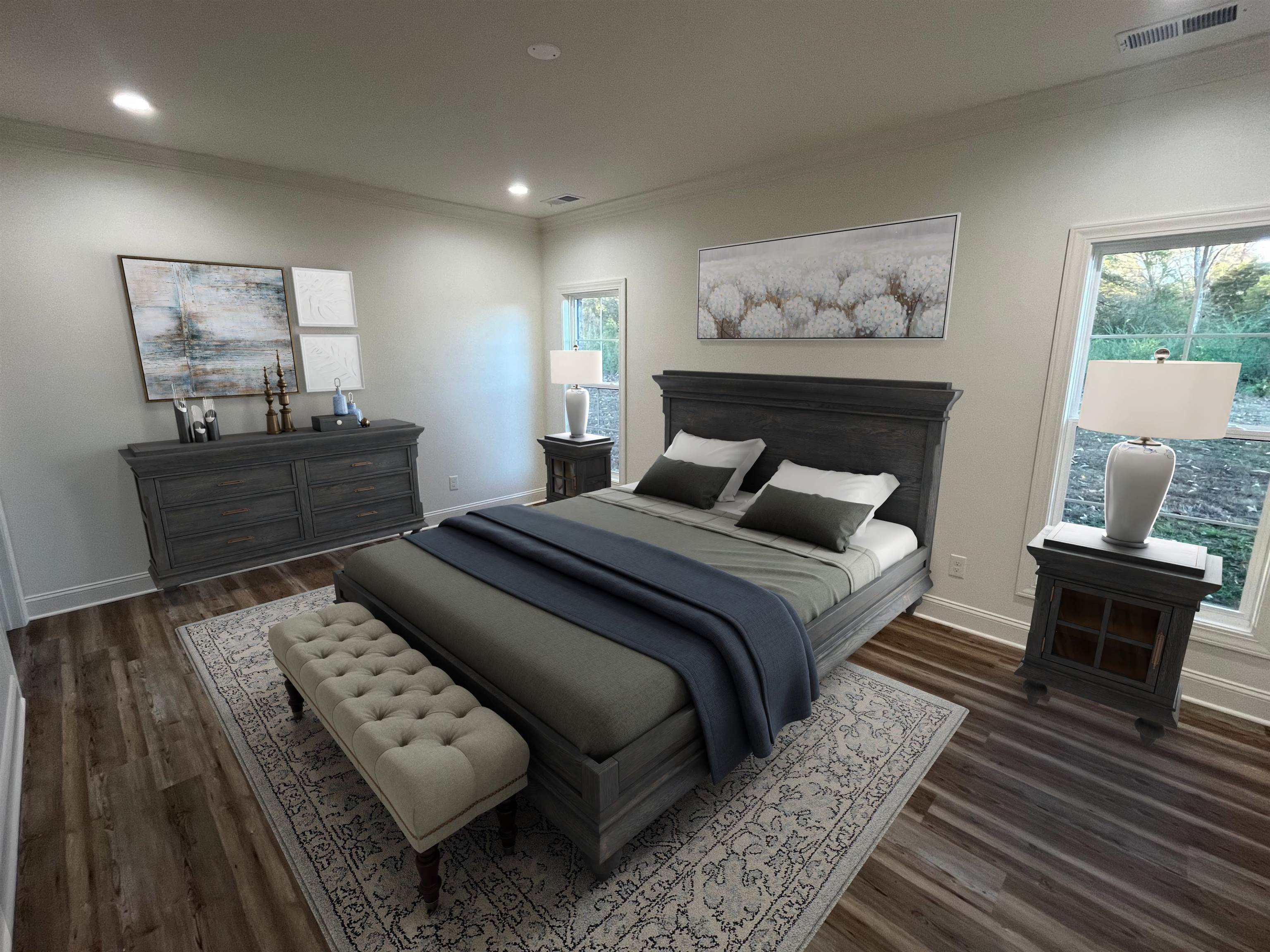 Bedroom with crown molding and dark wood-type flooring